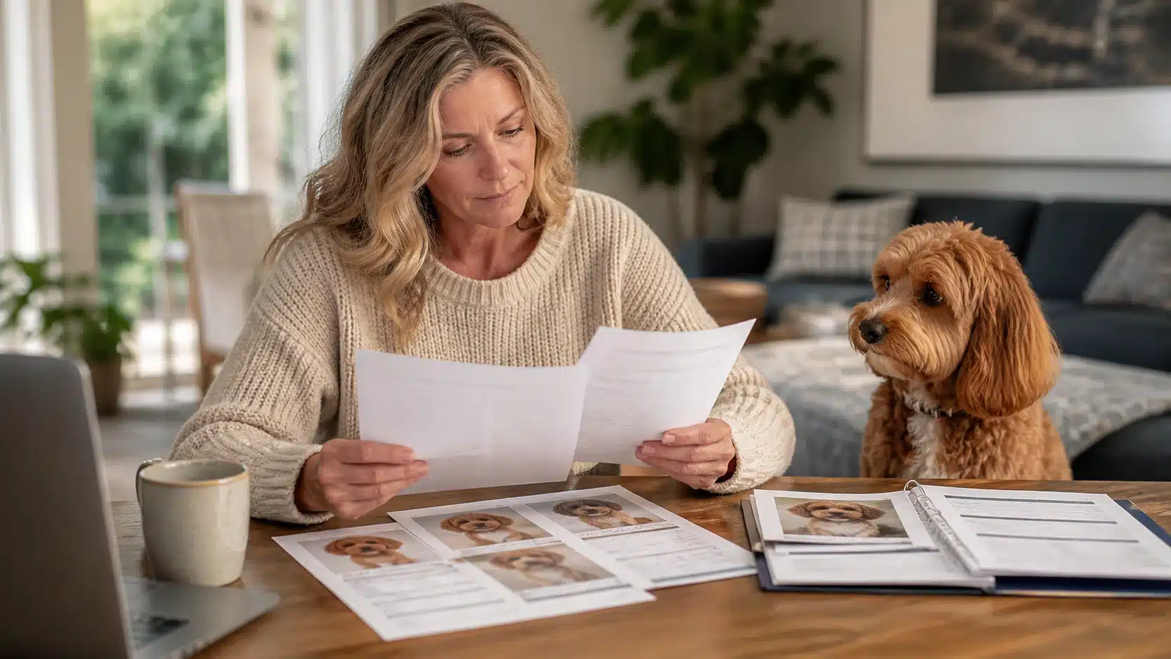 Breeder reviewing health records with calm Cavapoo