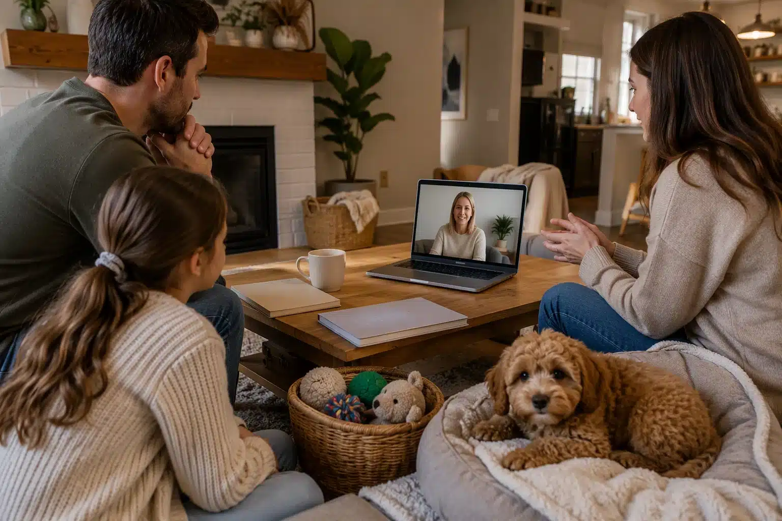 Family video call with a resting Cavapoo puppy