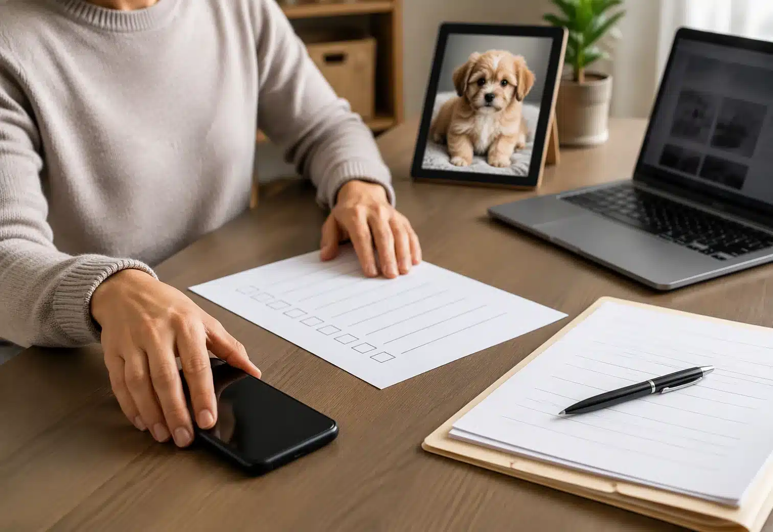 Buyer on phone reviewing puppy checklist at desk