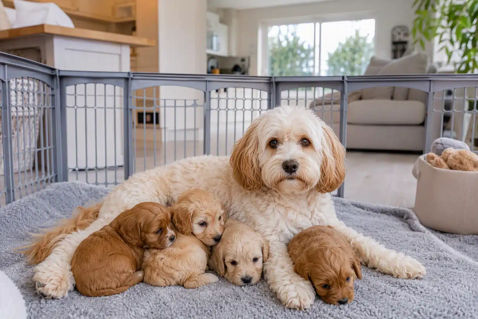 Mother Cavapoo resting with puppies in a clean, lived-in home space