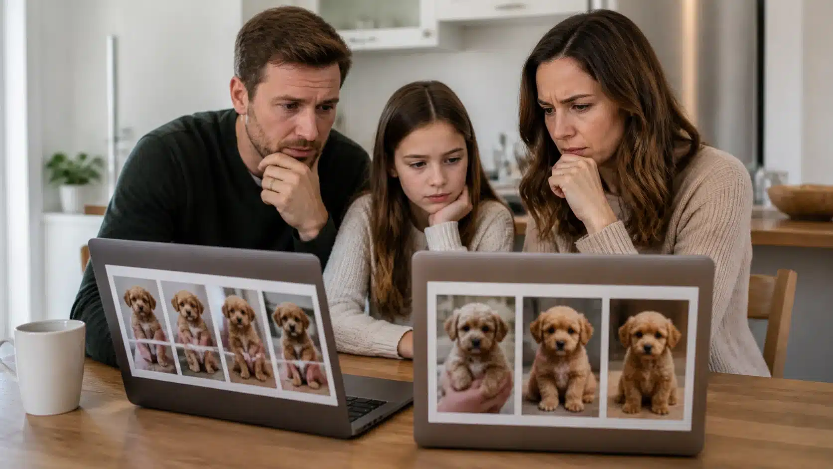 Family comparing breeder listings on laptops at kitchen table