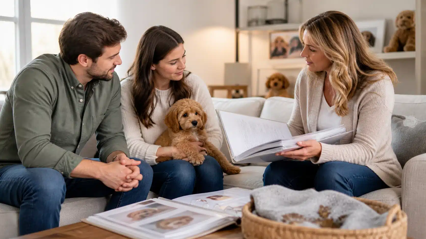 Breeder reviewing puppy health records with family