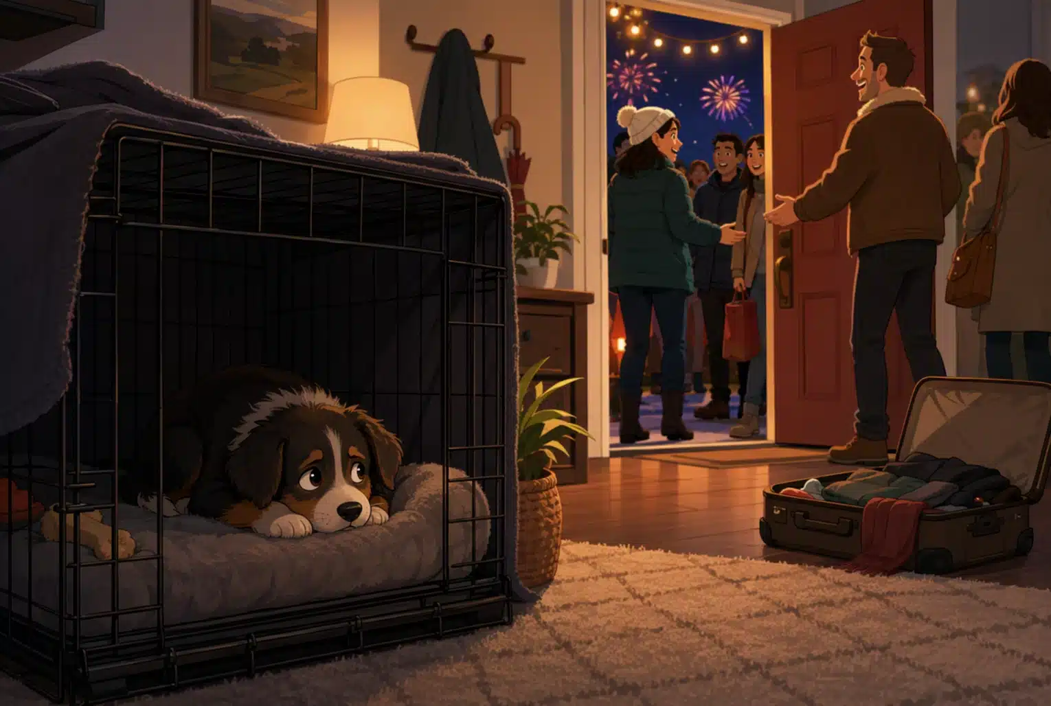 Small puppy peeking from crate amid guests and open door