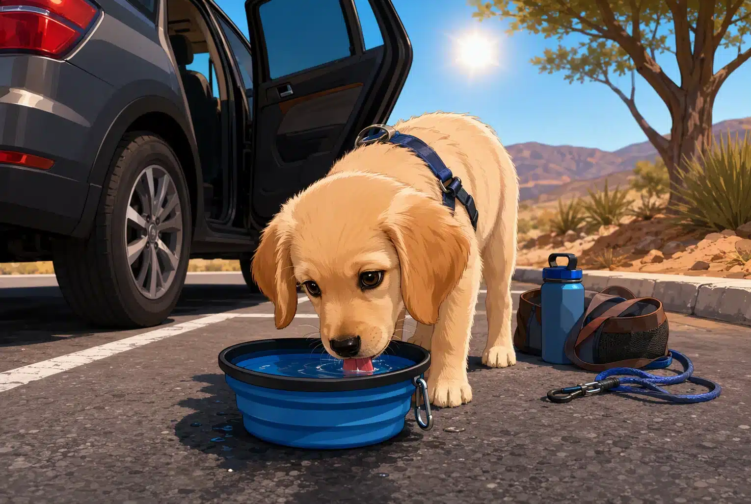 Puppy drinking water at roadside rest stop