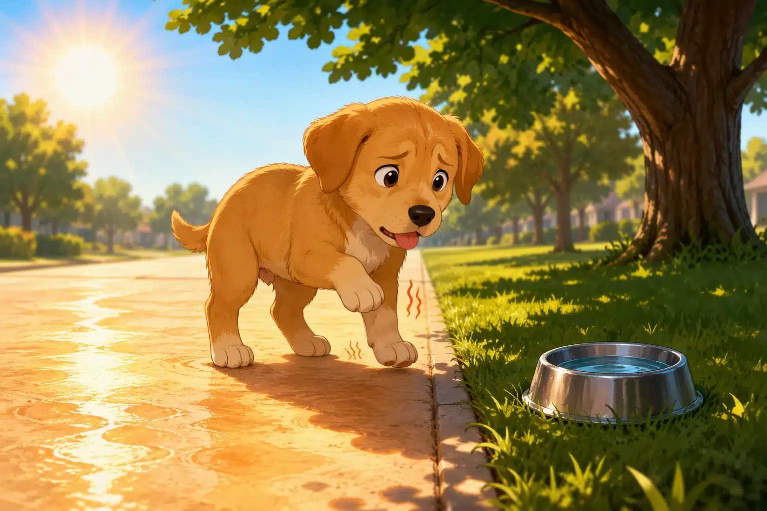 Puppy on sunny sidewalk with water bowl
