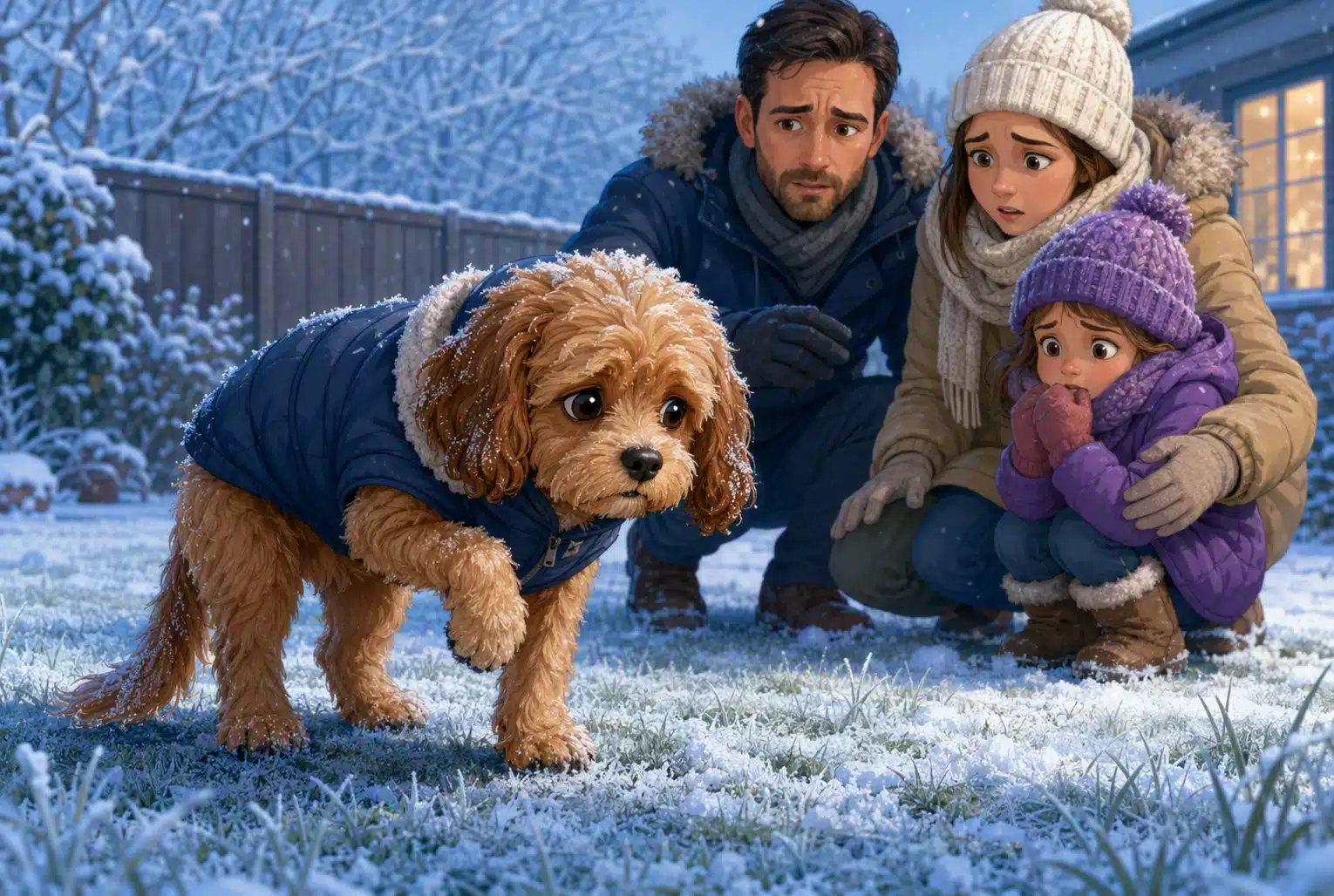 Small Cavapoo puppy in snow with family in cold weather