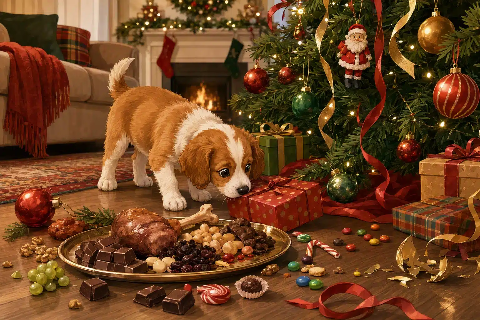 Puppy sniffing holiday gifts and ribbons