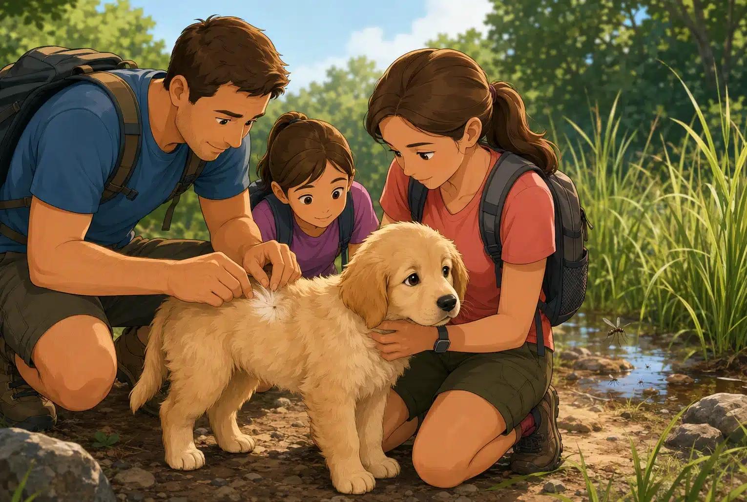 Family parting puppy's coat after hike in tall grass