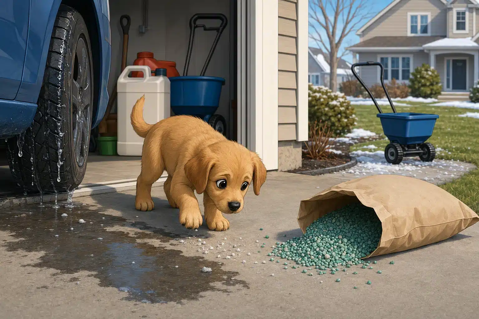 Puppy near fertilizer bag by garage door