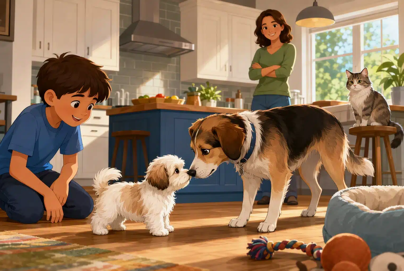 Havanese puppy meeting calm family dog in bright kitchen