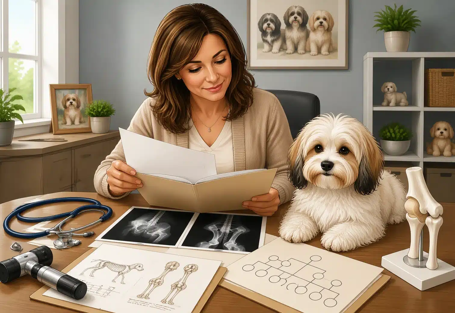 Breeder reviewing health records with calm puppy indoors