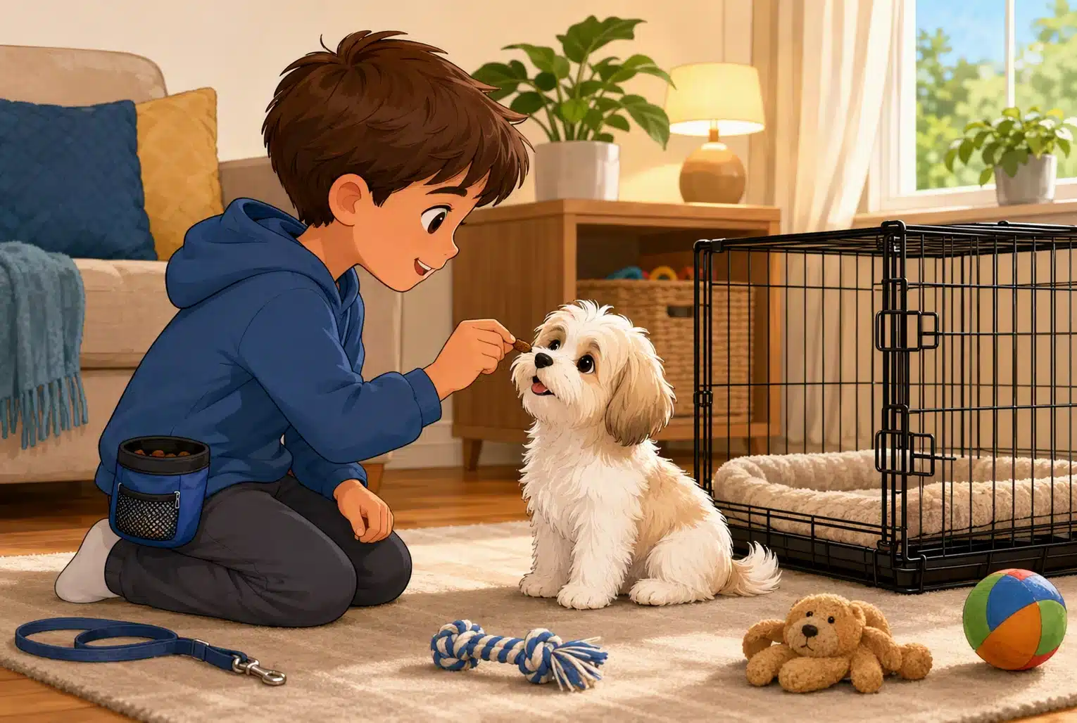 Child rewarding Havanese puppy sitting beside crate