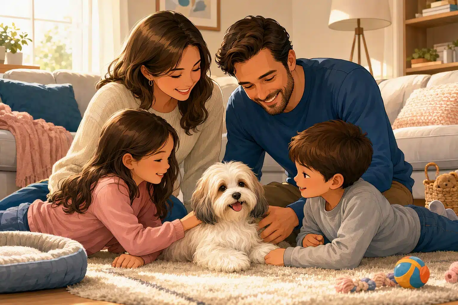 Havanese puppy cuddling with family on living room rug