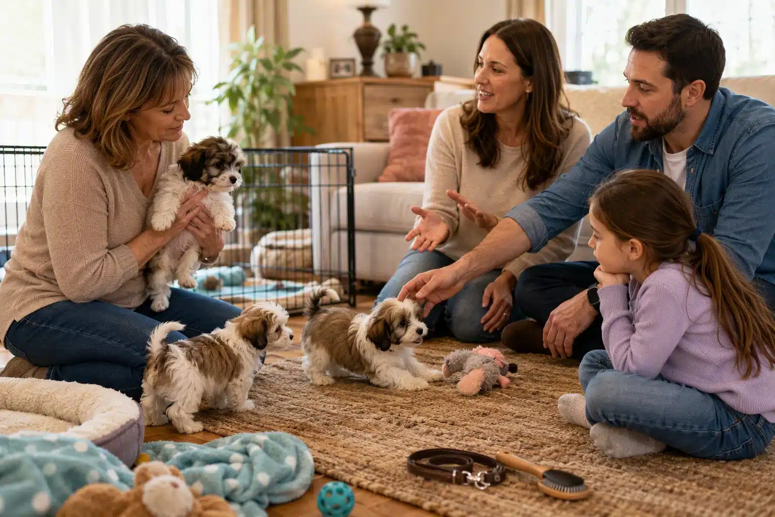 Breeder observing playful Havanese puppies with family