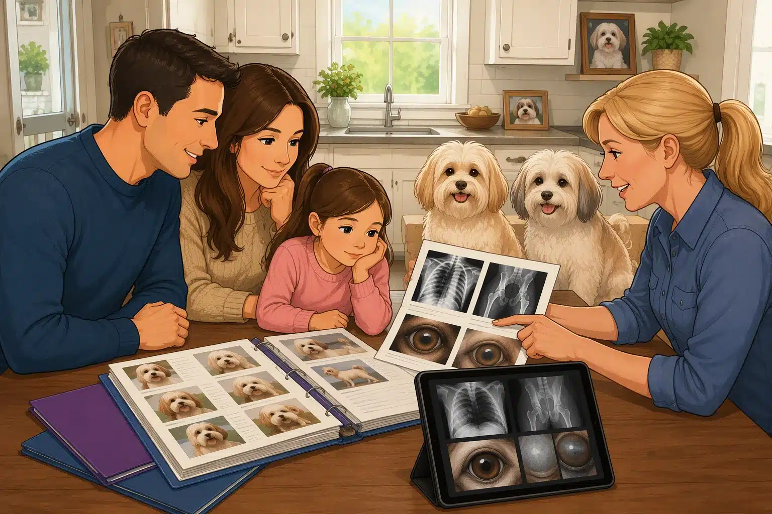 Family reviewing Havanese parent health records at kitchen table