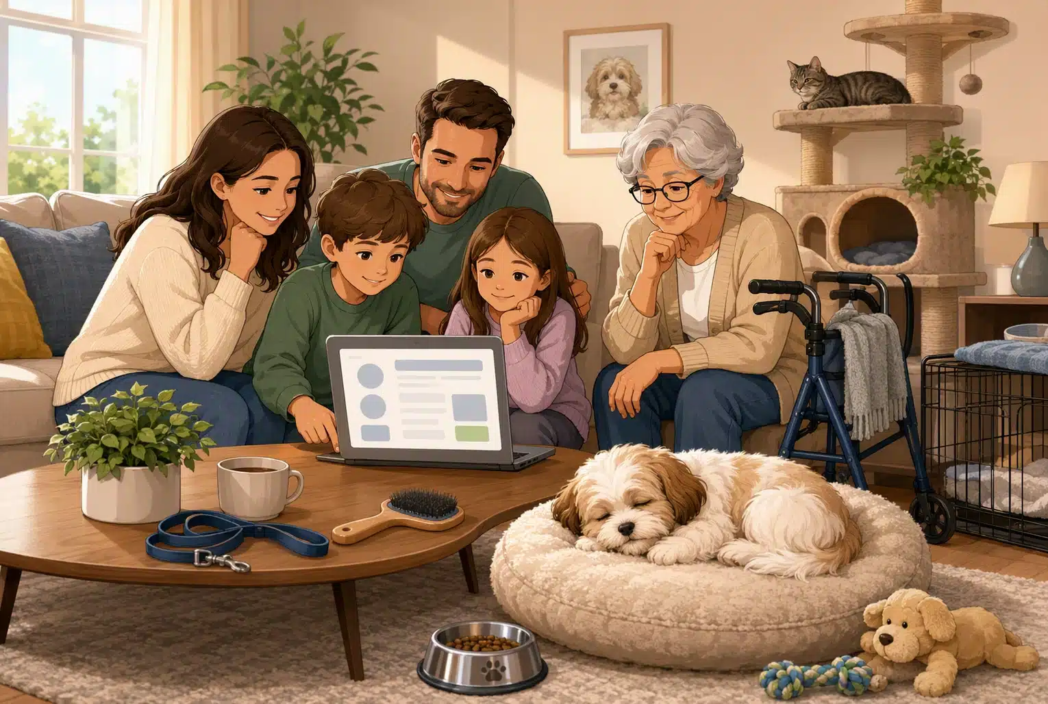 Family filling out puppy application beside sleeping Havanese