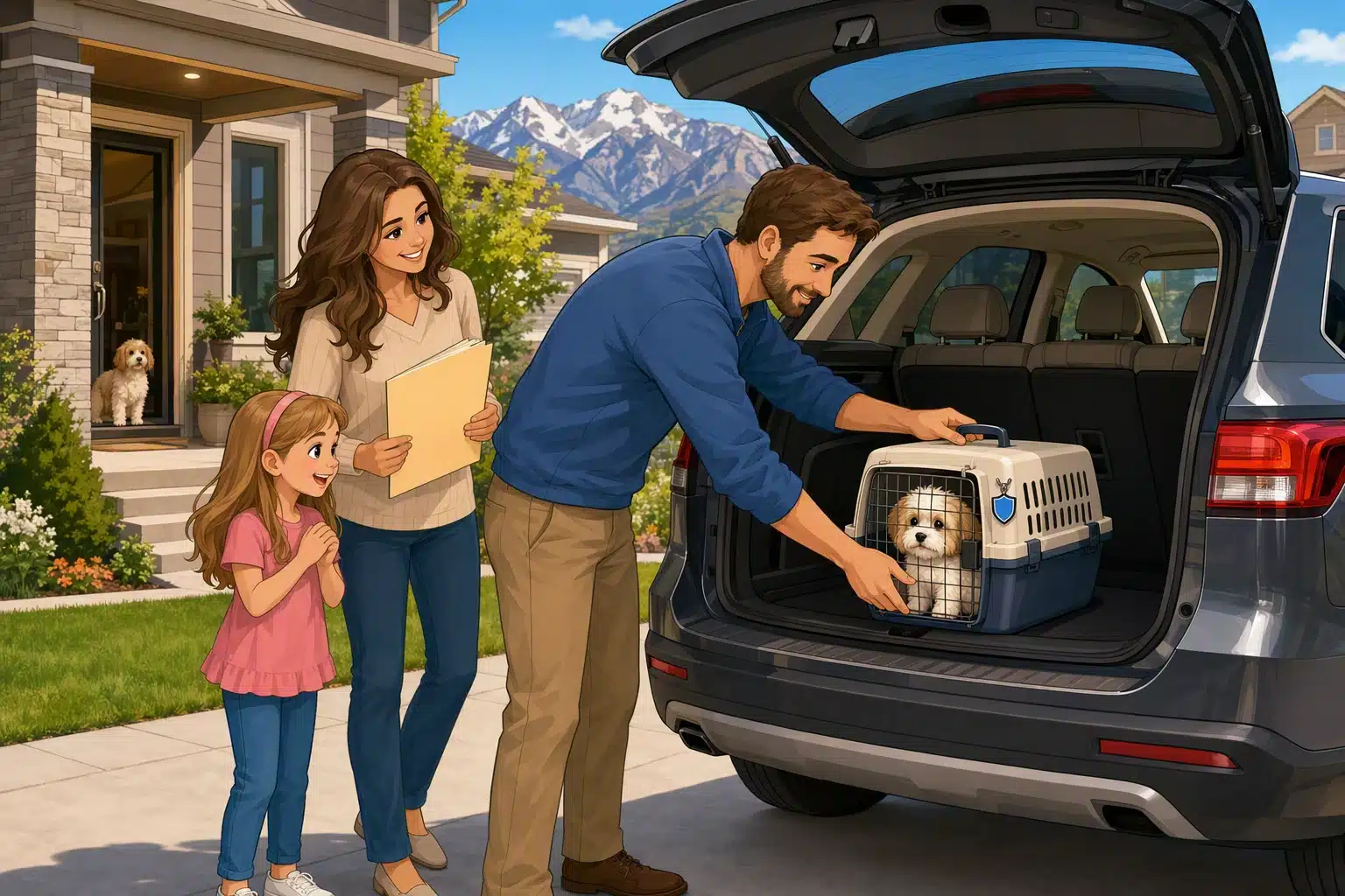Family loading Havanese puppy carrier into SUV outside South Jordan home