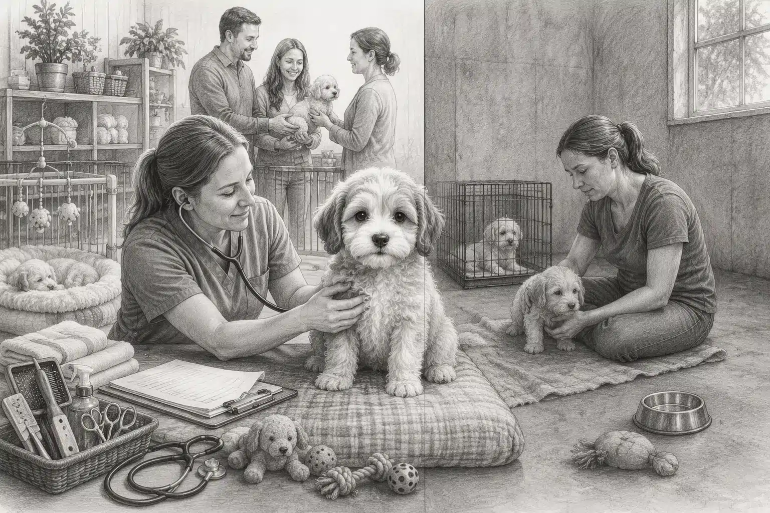 Puppy care tools and health assessment scene