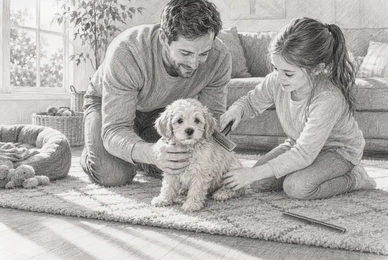 Family brushing cream Havapoo puppy on sunny rug