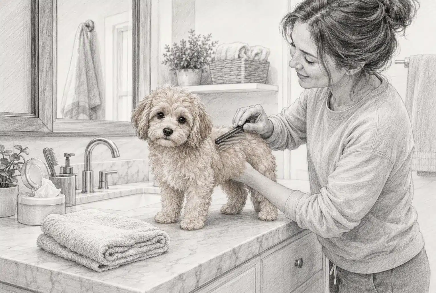 Parent grooming Havapoo puppy at bathroom counter