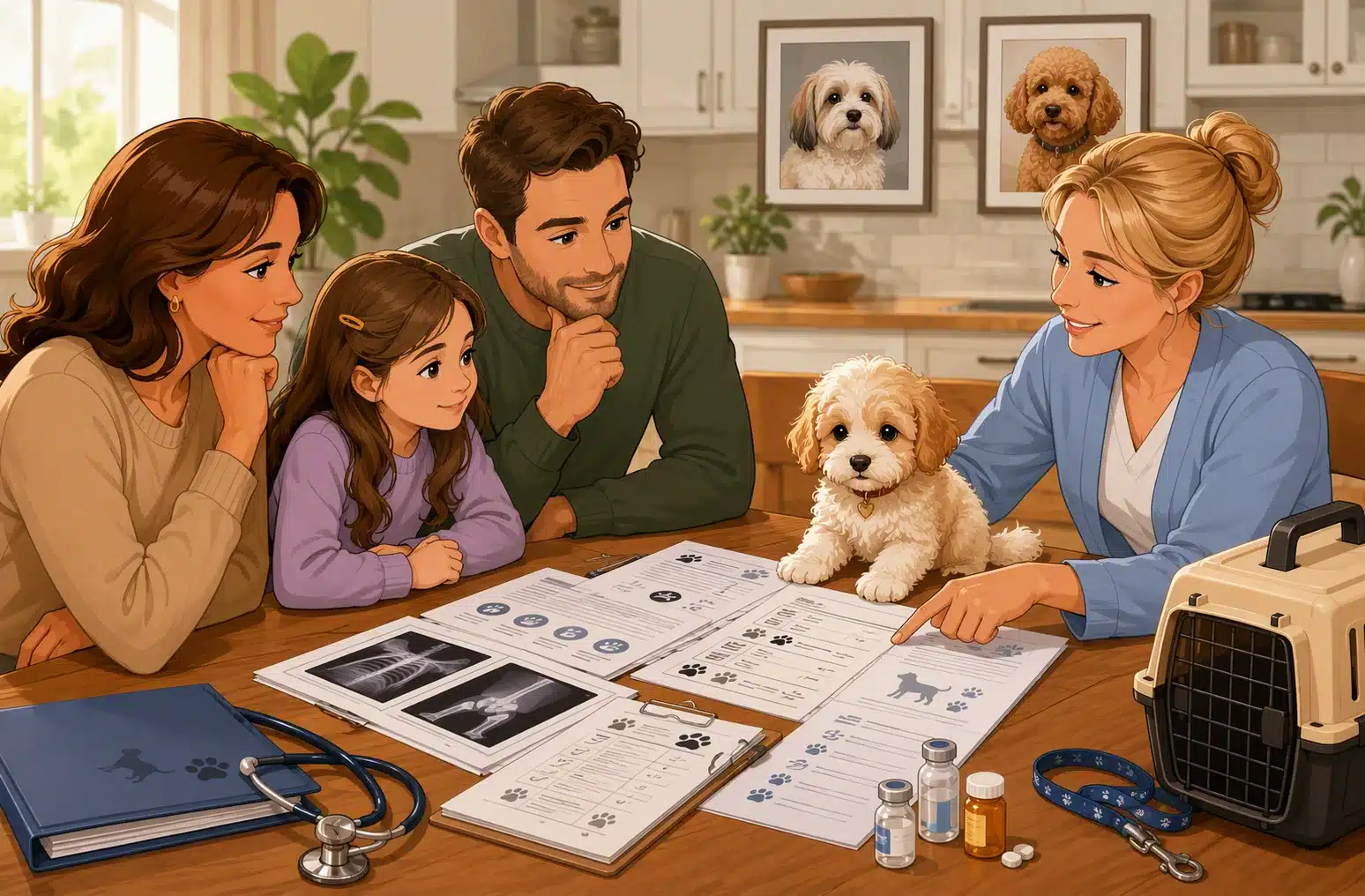 Breeder reviewing puppy health records at kitchen table
