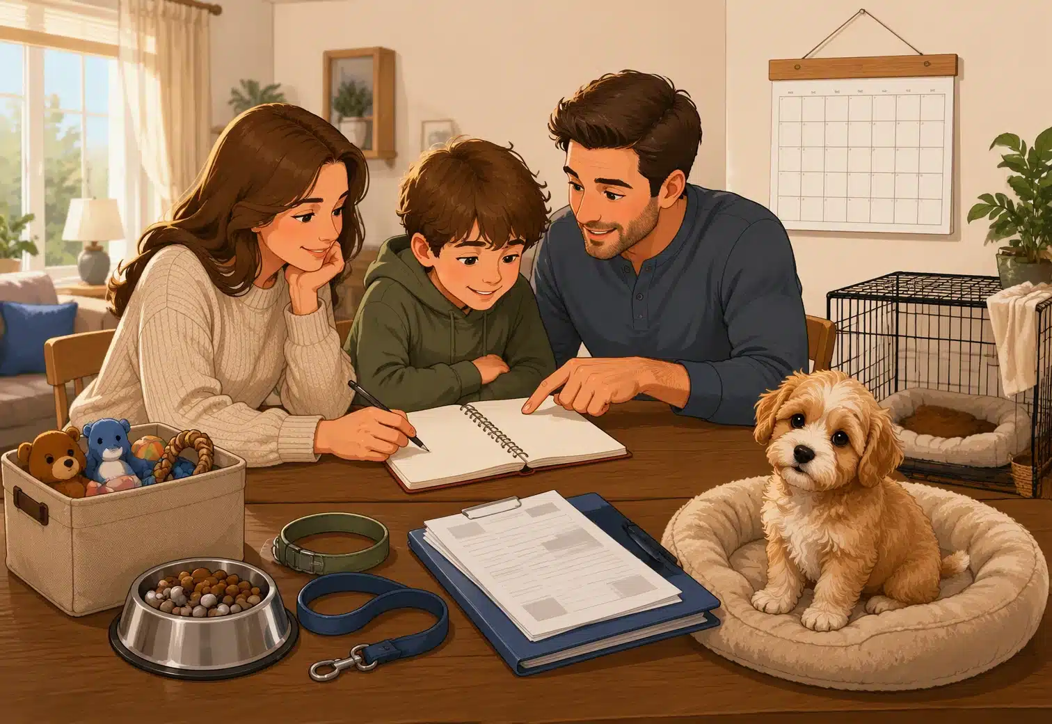 Prospective family reviewing puppy application with leash, crate, and calendar