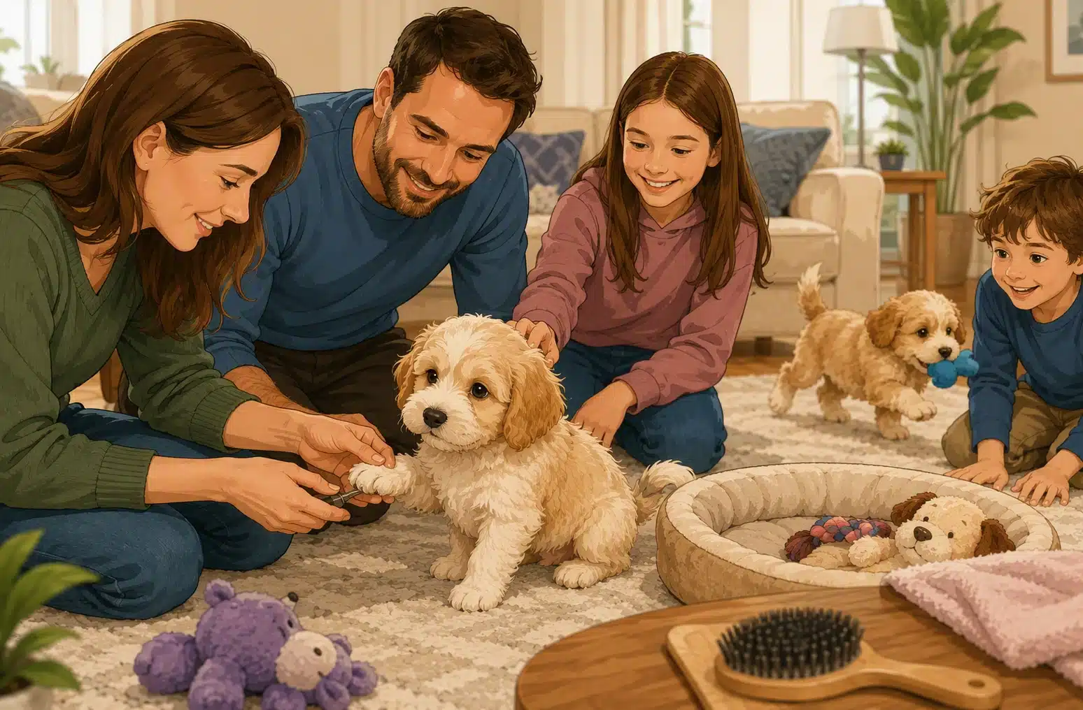 Family observing calm Havapoo puppy during playtime