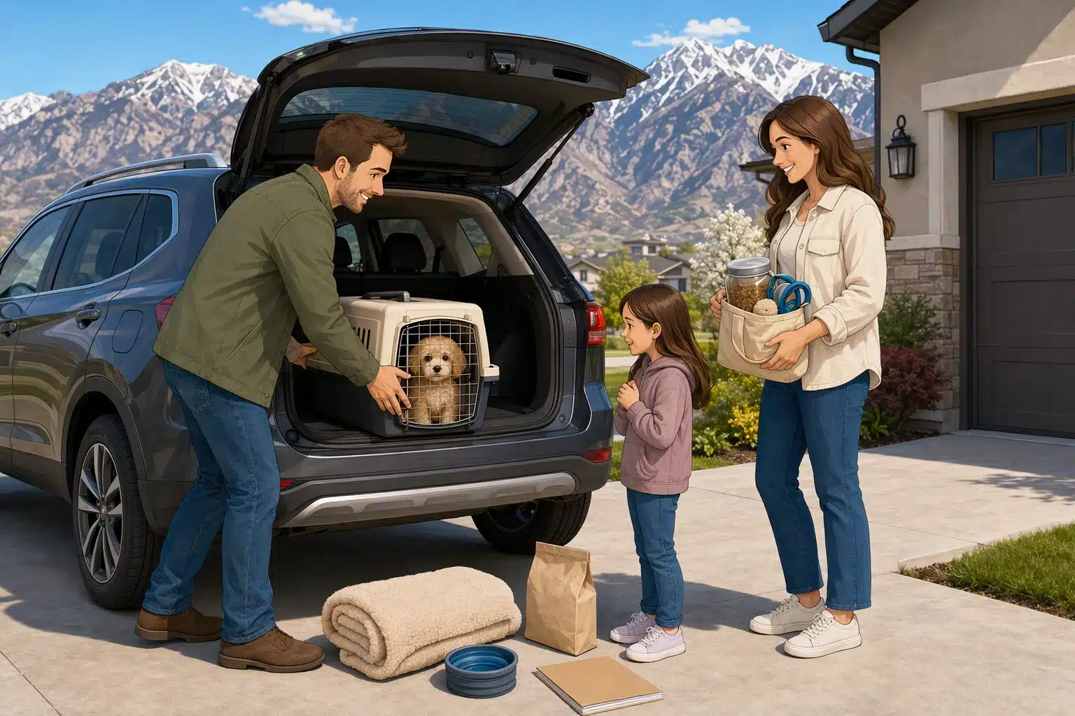 Family loading puppy carrier into SUV outside Utah home