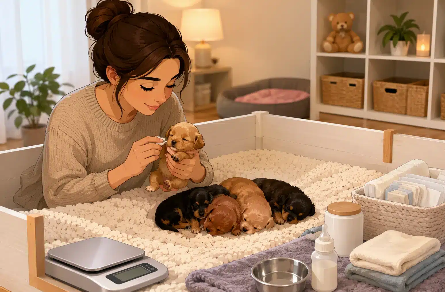 Breeder gently handling toy puppies in bright home whelping room