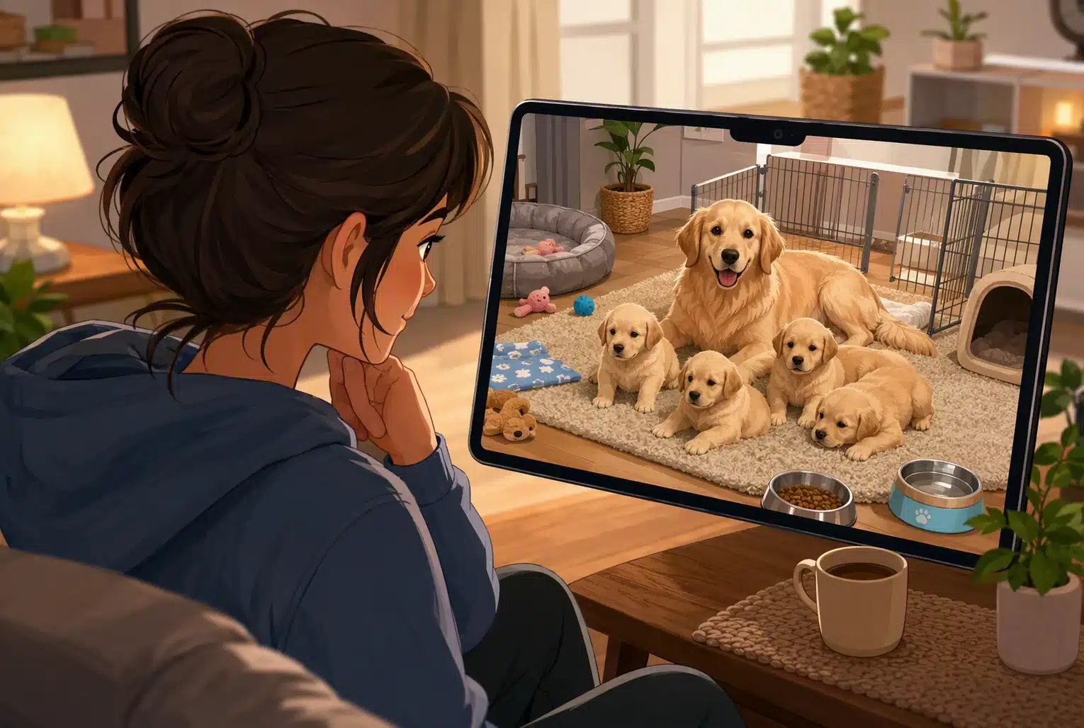 Buyer viewing puppies and mother via live video indoors