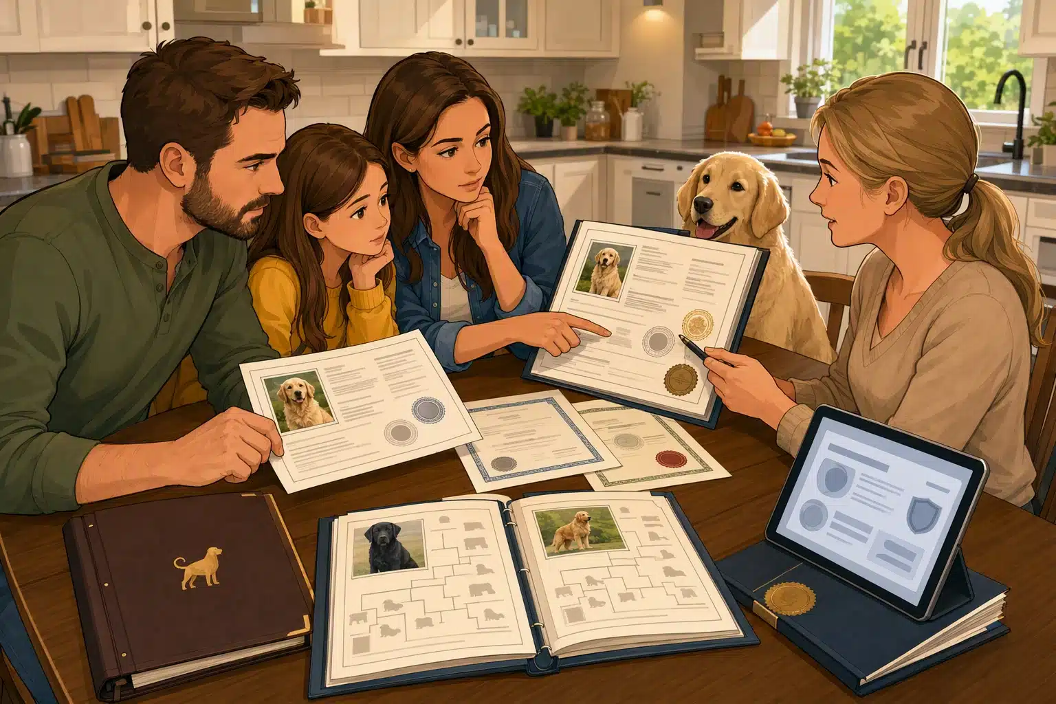 Family reviewing dog health certificates at kitchen table