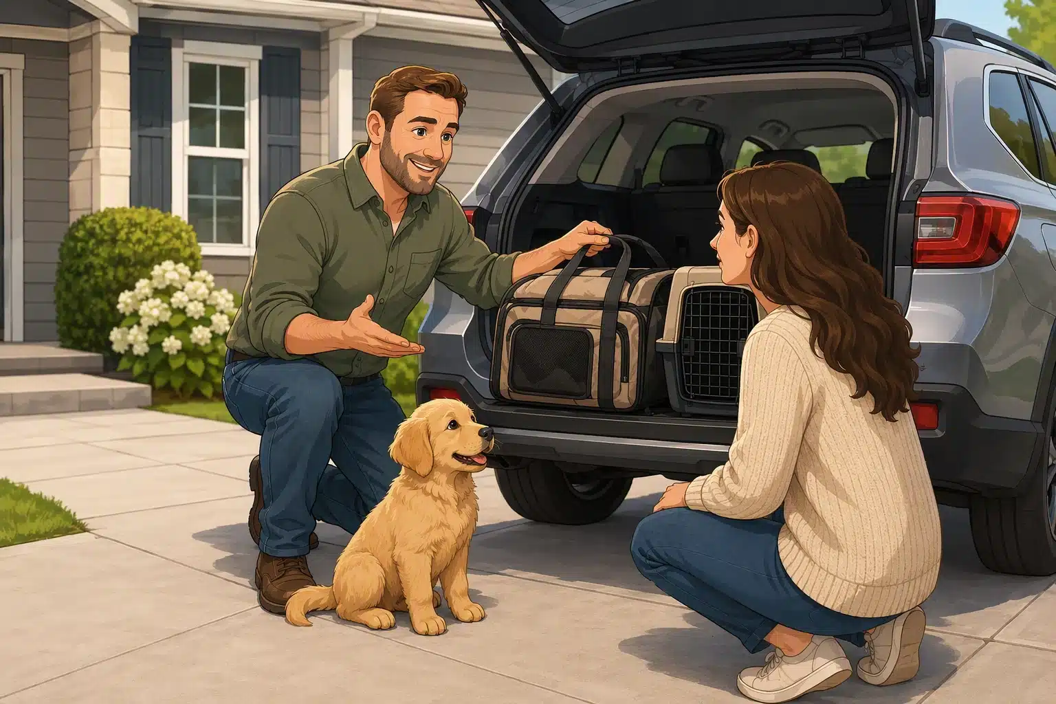Breeder loading puppy crate into SUV at driveway