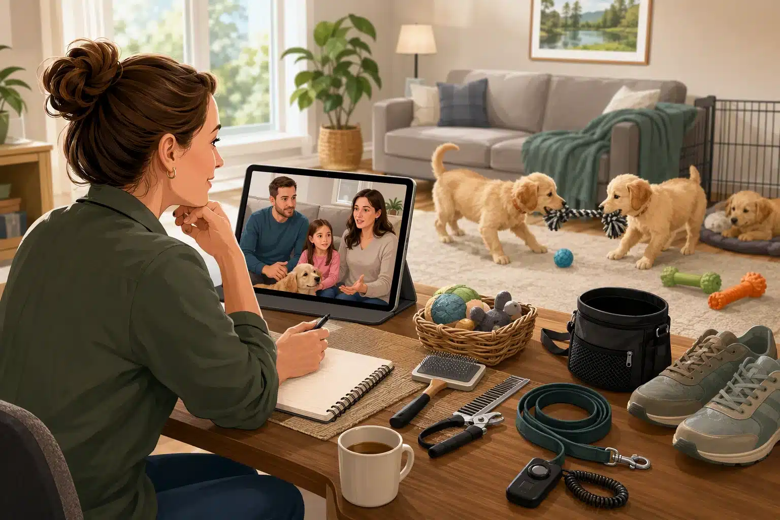 Breeder on video call with family in bright living room