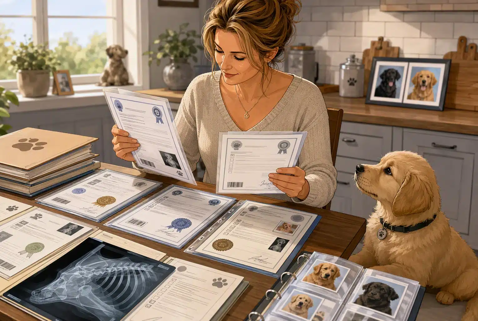 Breeder reviewing health certificates at kitchen table