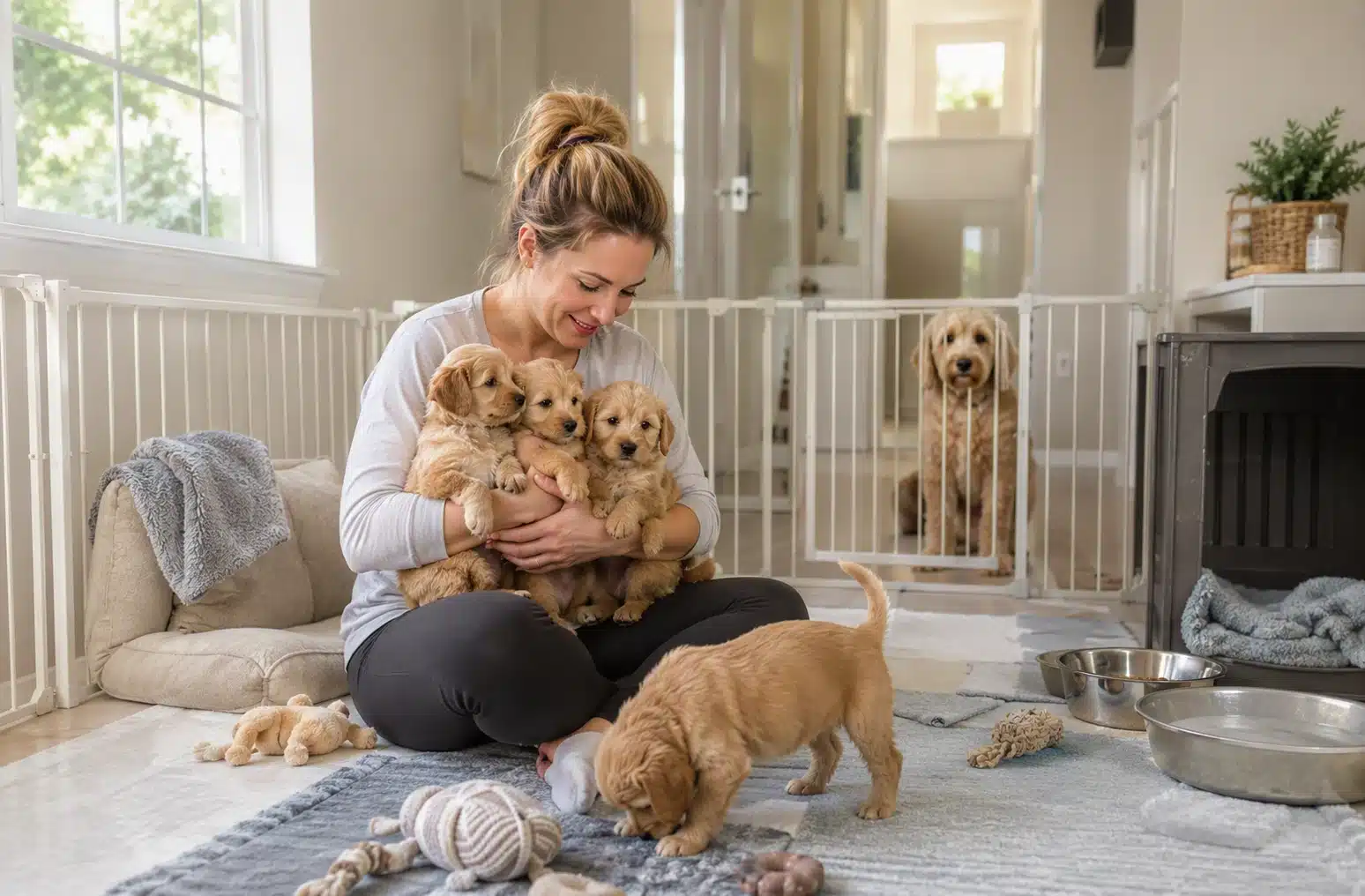 Adult dog with puppies in bright nursery