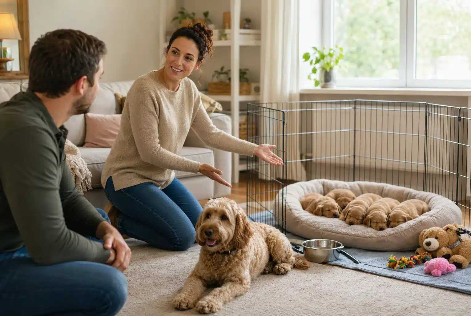 Mother dog resting in a tidy living room with puppies nearby