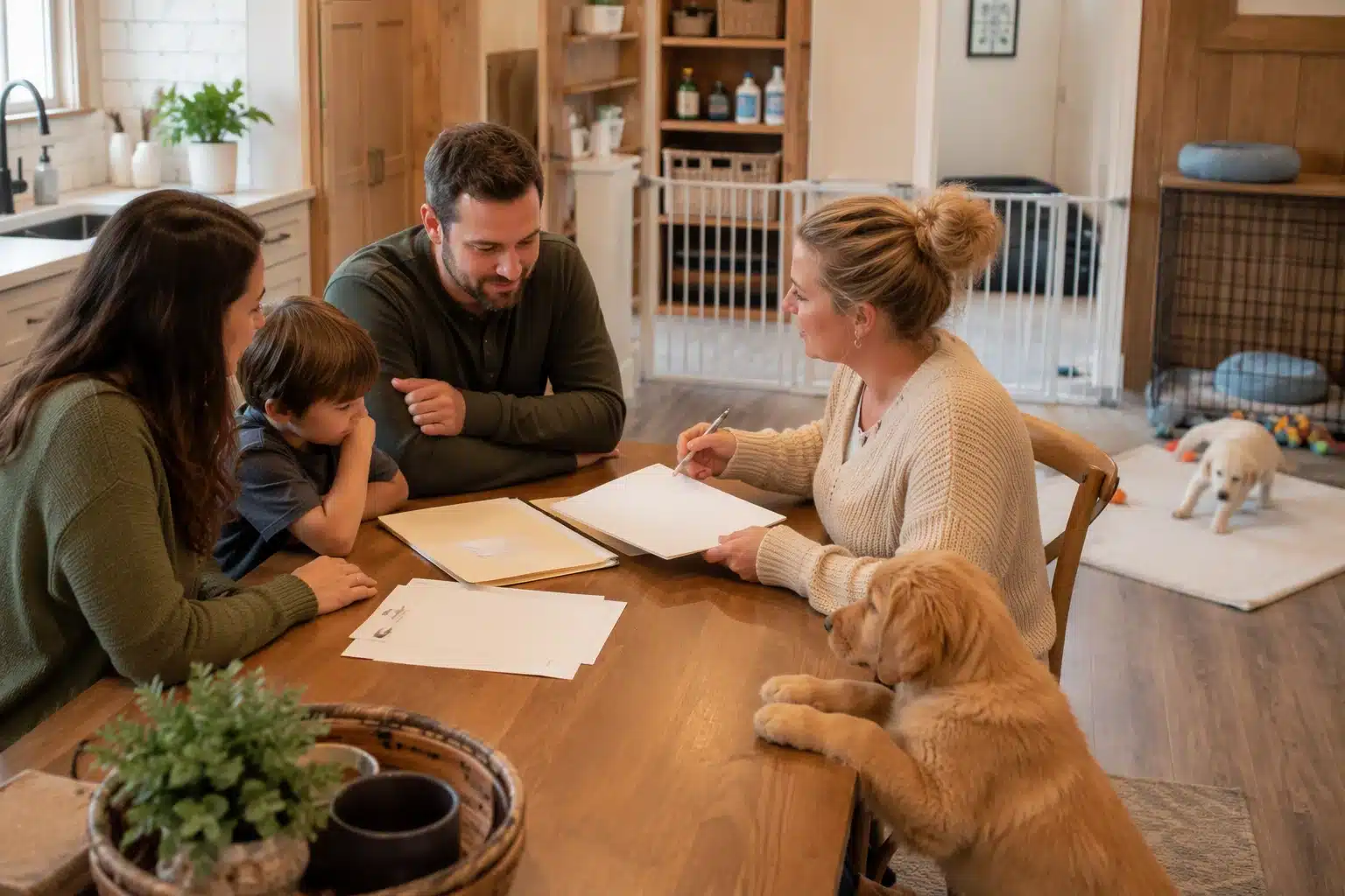 Prospective family reviewing puppy care notes at kitchen table