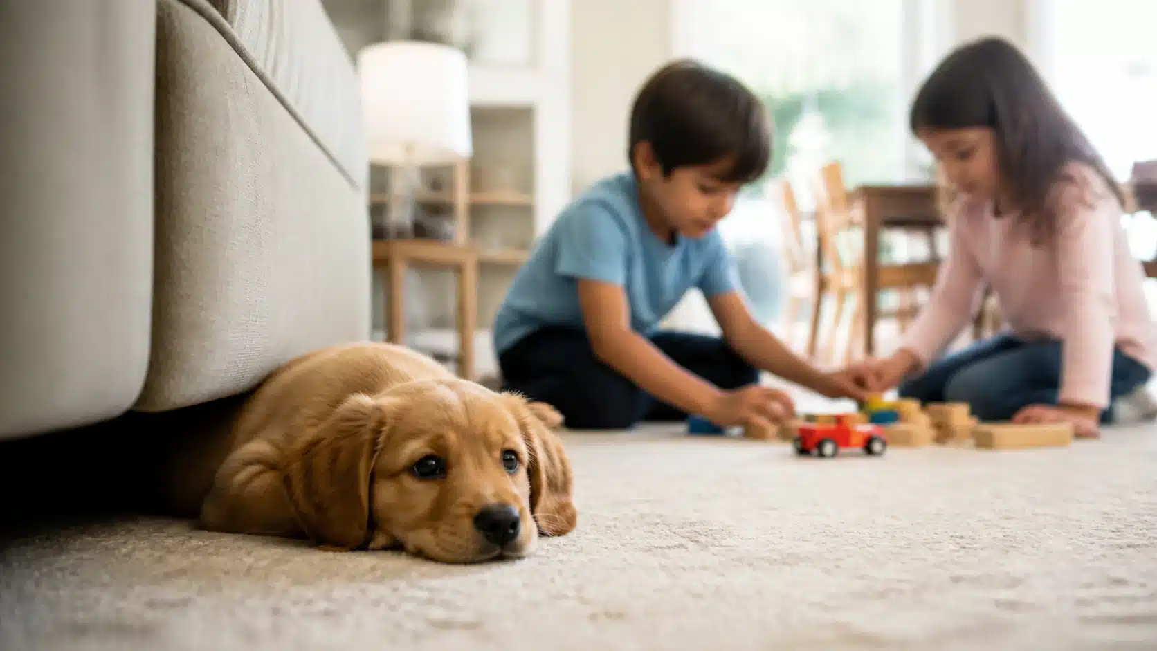 Puppy resting beside children playing quietly