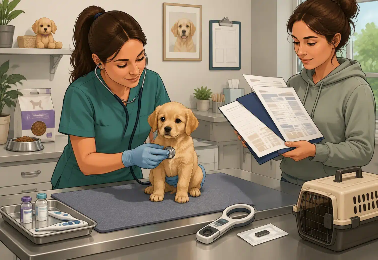 Vet examining puppy with breeder reviewing records