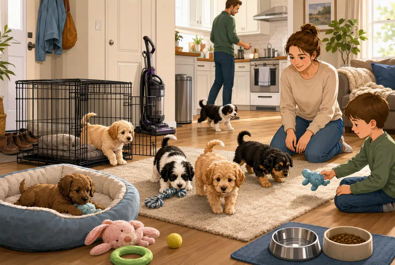 Puppies socializing with family in bright home