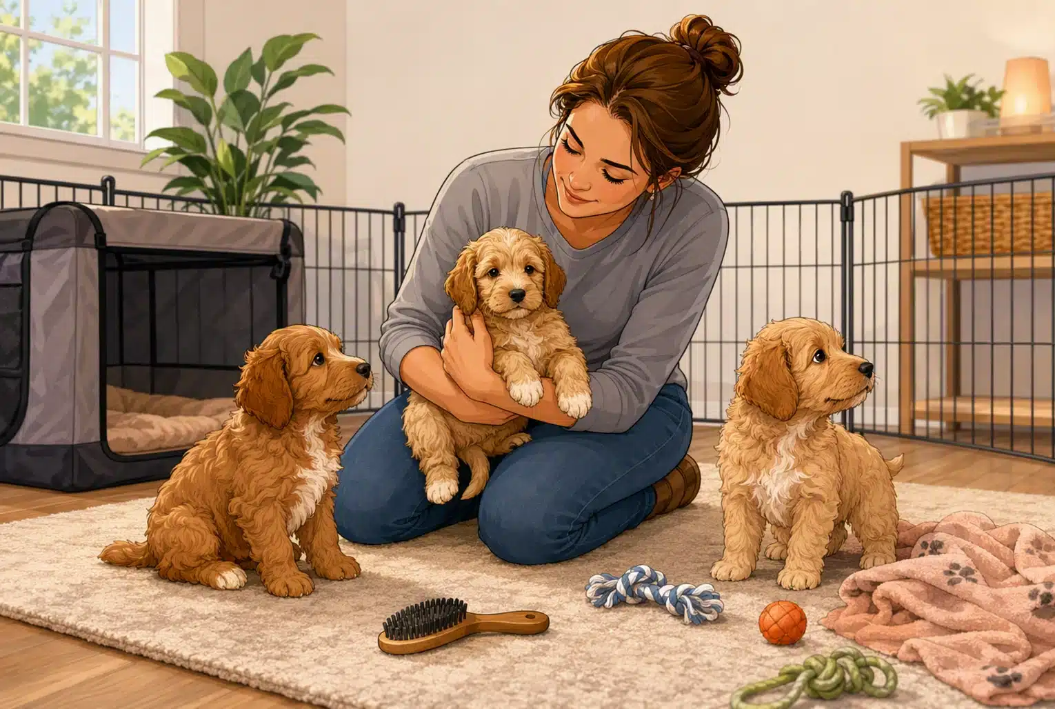 Breeder gently handling small puppies indoors