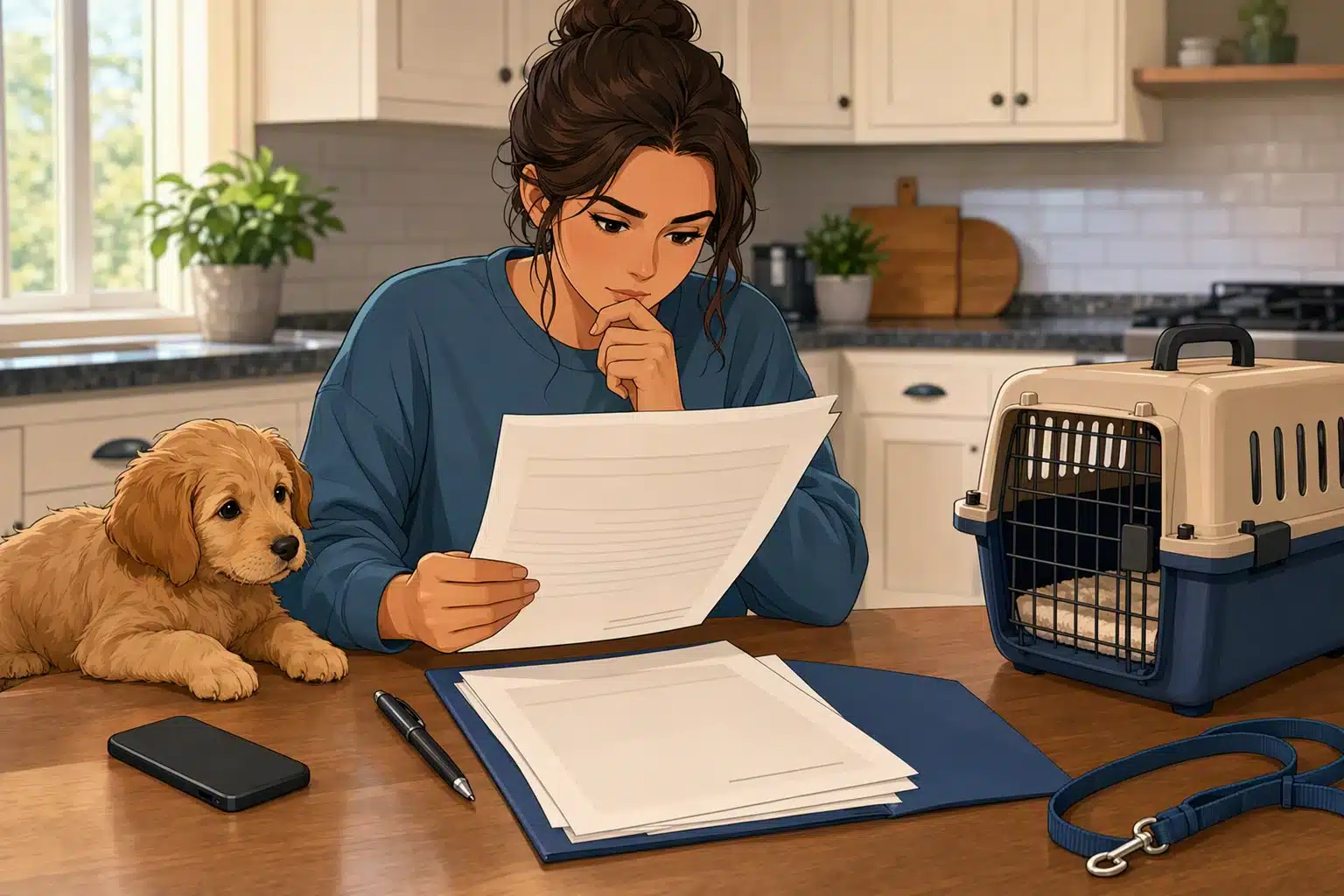 Buyer reviewing puppy contract papers at kitchen table