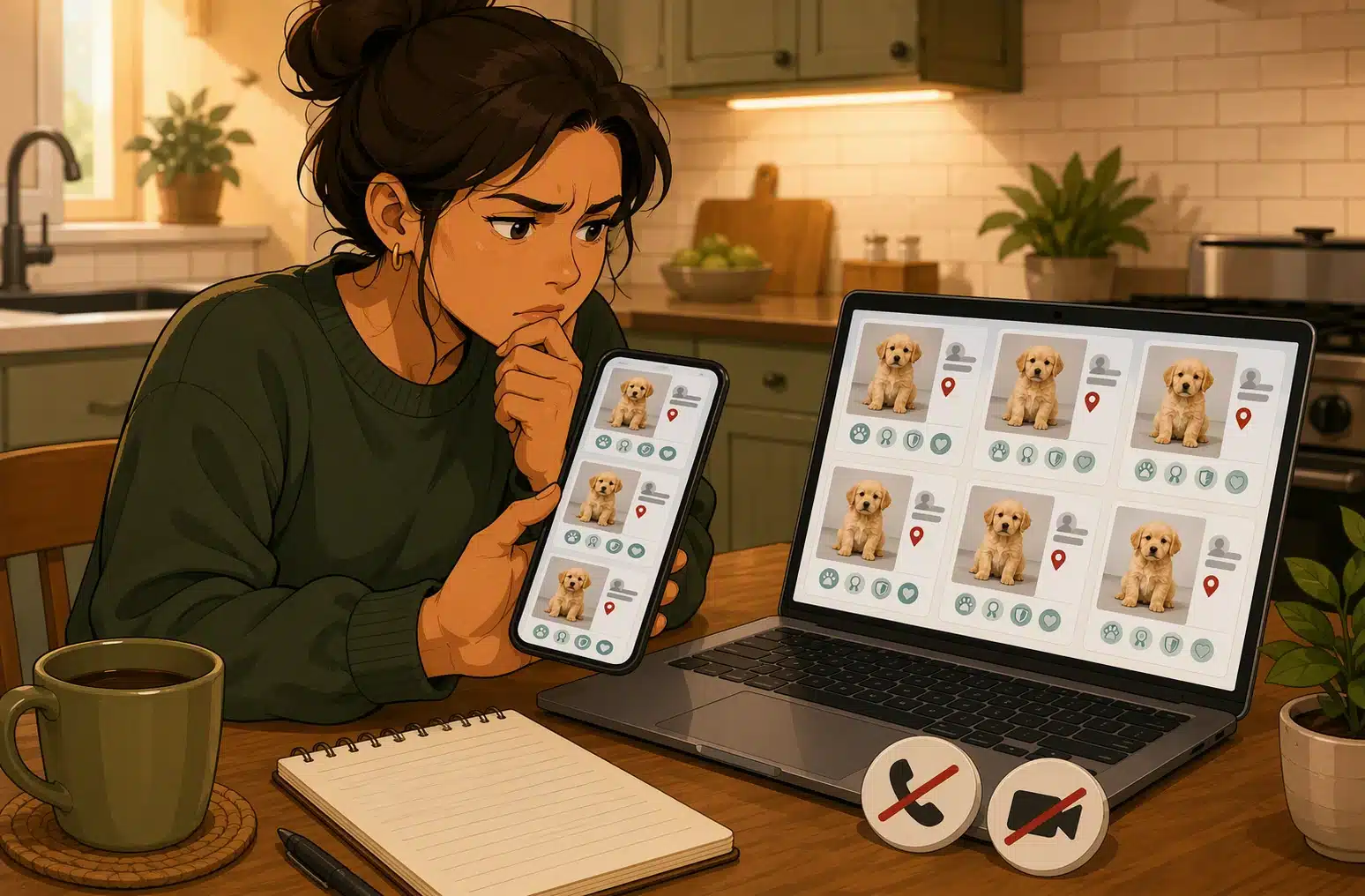 Buyer comparing puppy listings on phone and laptop at kitchen table