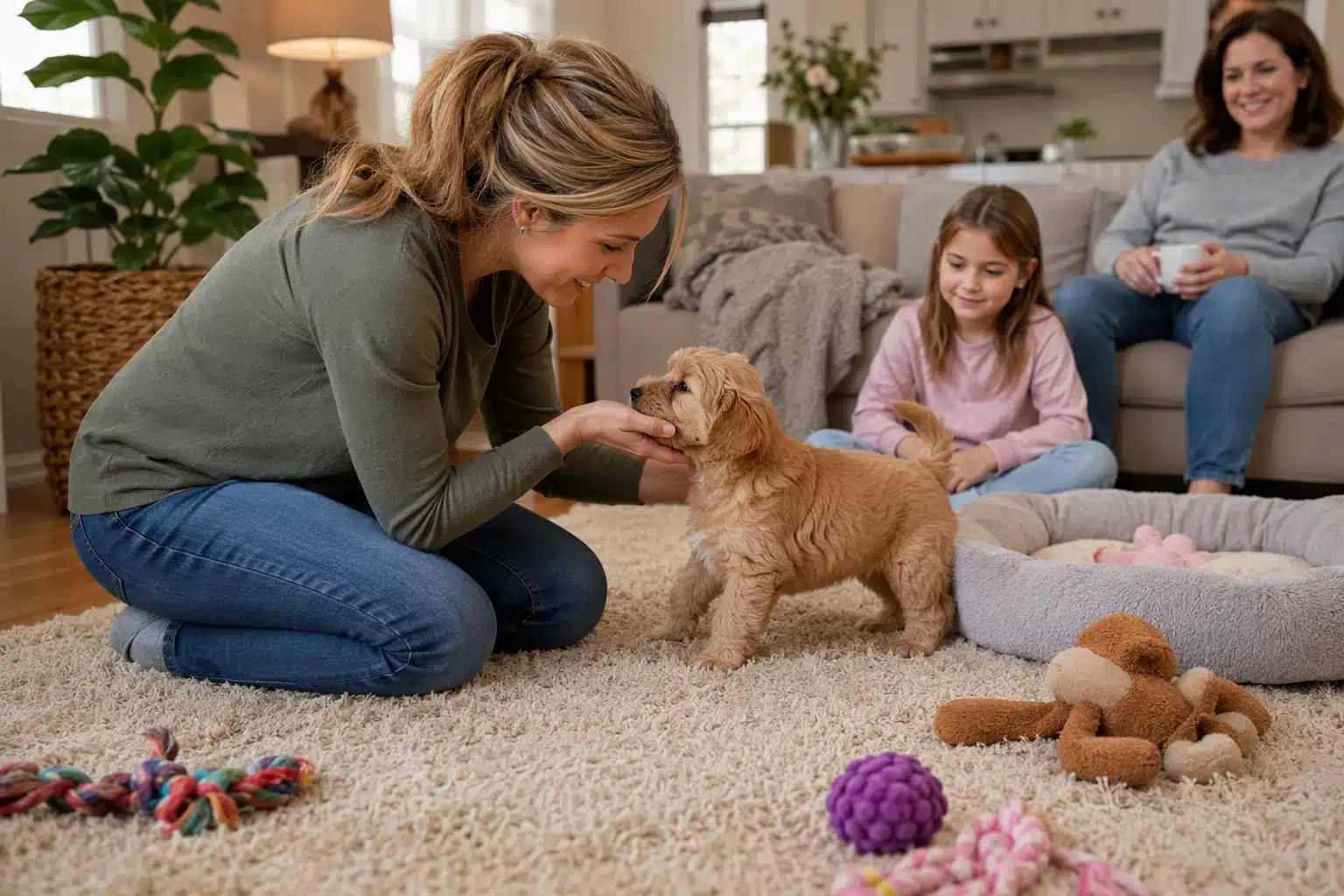 Breeder gently socializing small puppy in cozy home