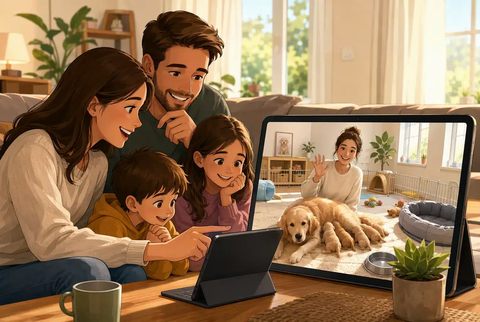 Family video call with mother dog and puppies in bright nursery