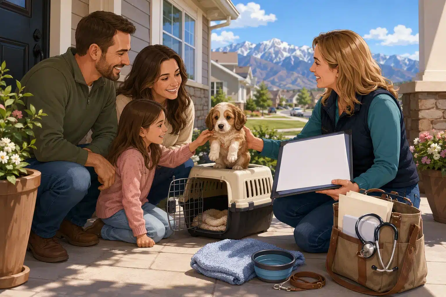 Family meeting breeder on sunny porch with puppy carrier