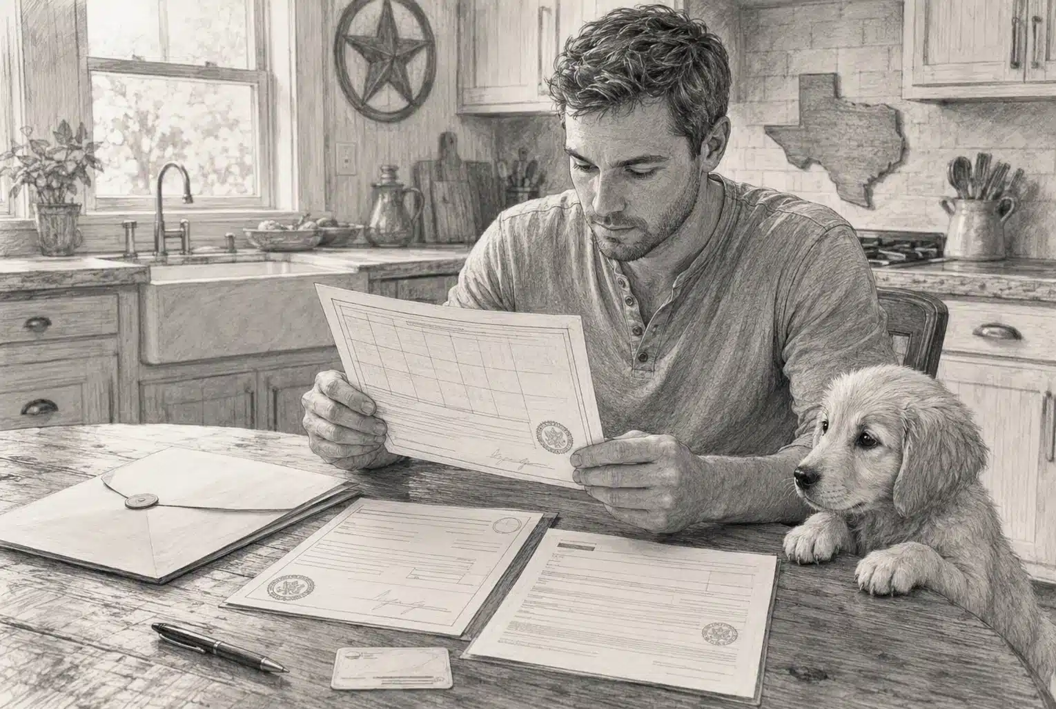 Buyer reviewing puppy health records at kitchen table