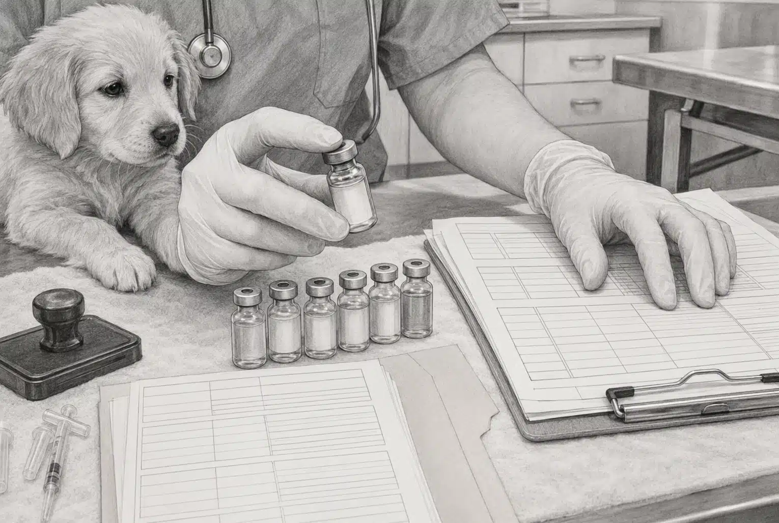 Veterinary staff labeling vaccine vials beside immunization forms