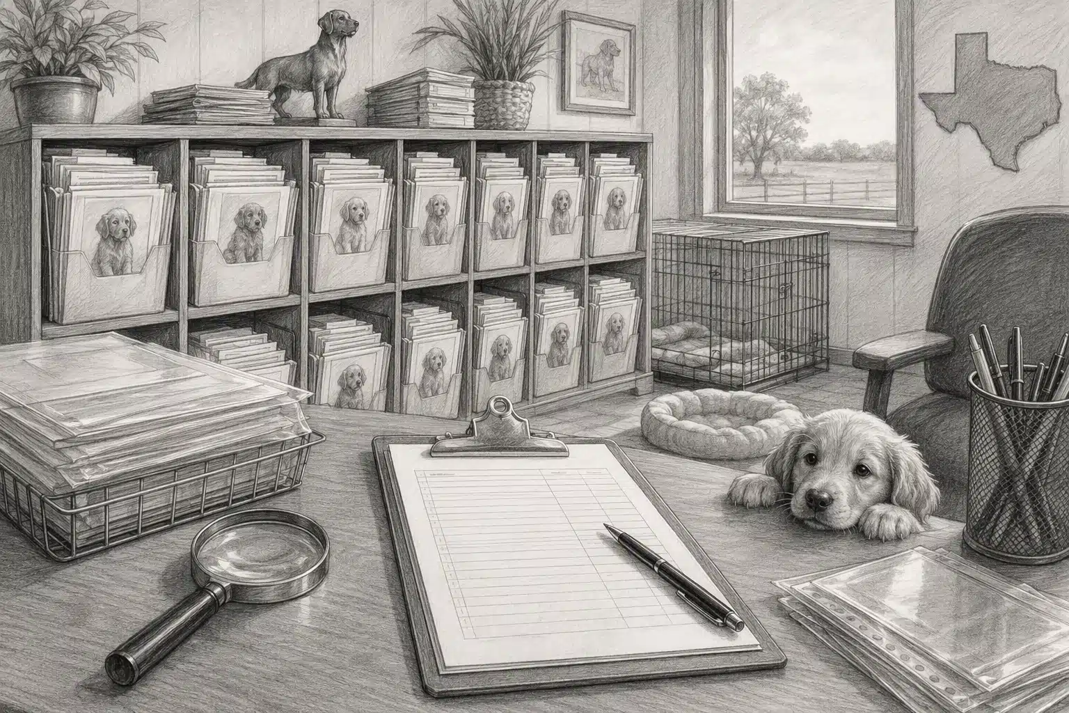 Puppy breeder office with files and inspector clipboard