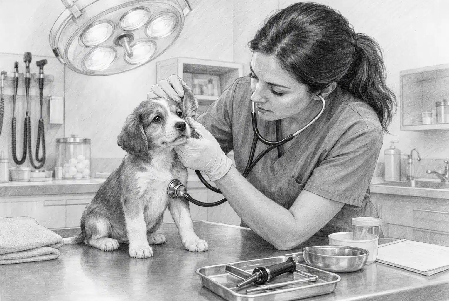 Veterinarian examining puppy under bright lights